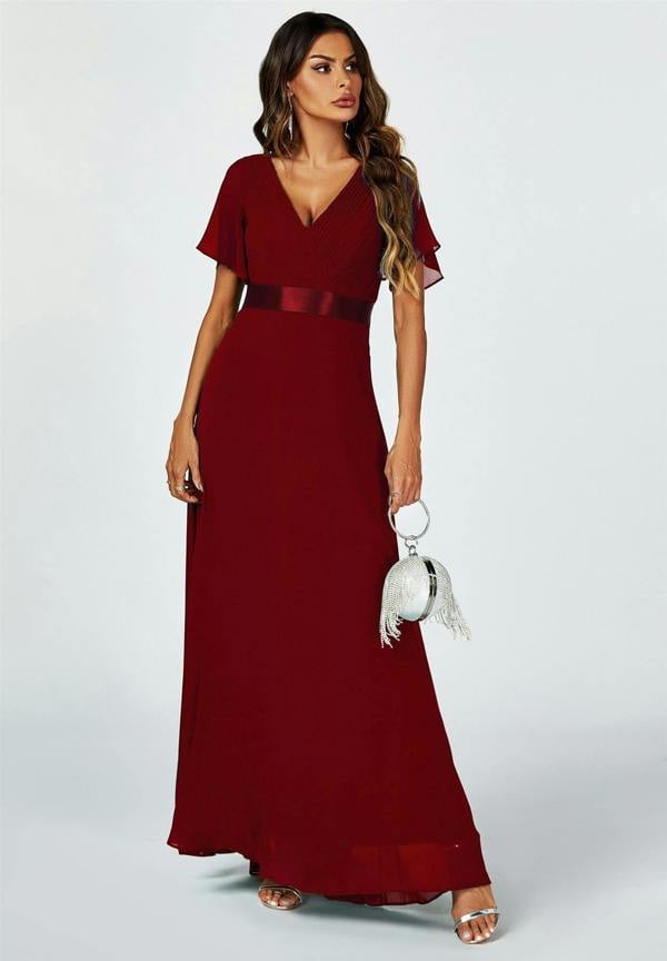 FS Collection Angel Sleeves Empire Waist Bridesmaid Dress In Wine