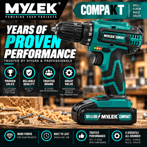 MYLEK 18V Cordless Li-ion Drill And Screwdriver Set With 13 Piece Accessory Kit