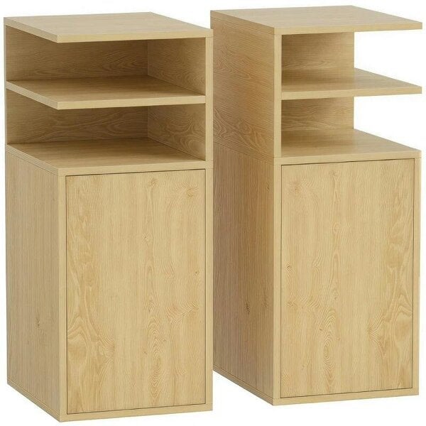 Slim Bedside Table Set of 2, Narrow Bedside Cabinet with Open Cubbies and Cupboard for Bedroom Living Room, Oak