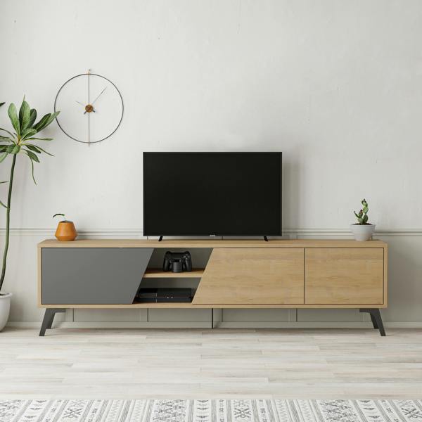 Decortie Fiona Modern TV Unit Multimedia Cabinet with Storage Doors 75" Oak White 180cm