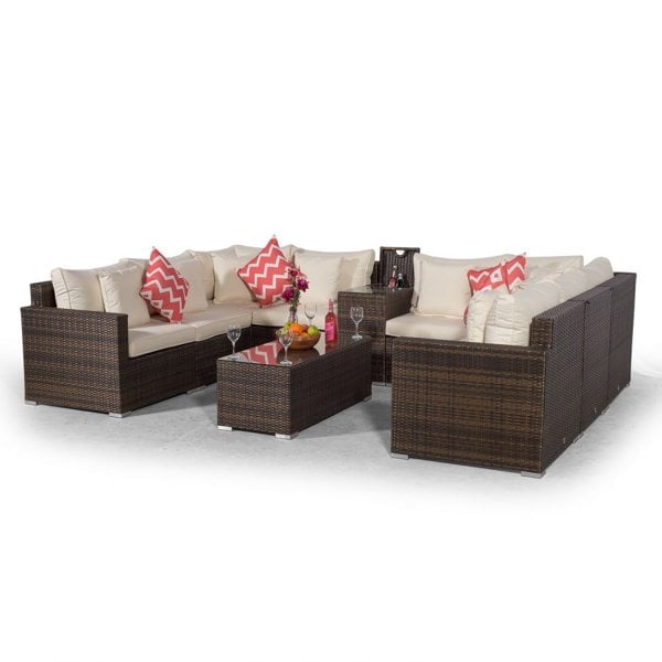 Giardino Havana 8 Seat Rattan Sofa Set w/ Armrest Drinks Cooler and Coffee Table