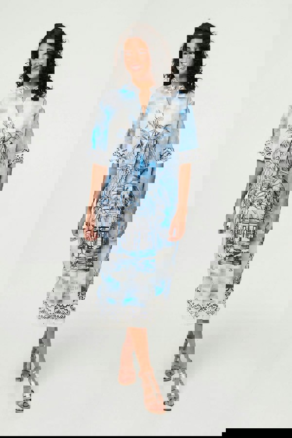 Blue | Abstract 1/2 Sleeve Midi Shift Dress
