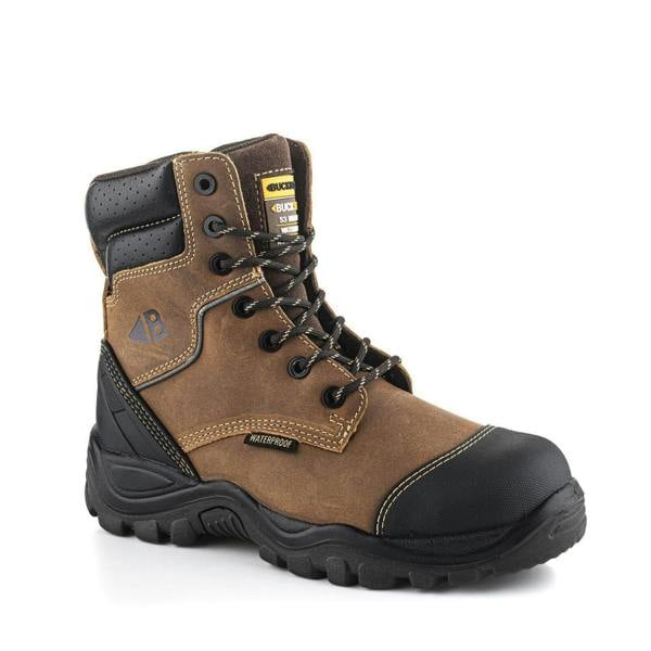 Buckbootz BSH008 Buckshot Mens High Leg Zip Up Safety Boots, durable brown and black waterproof safety shoes with sturdy sole and protective toe cap.