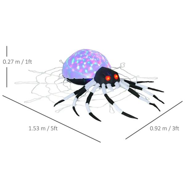 Inflatable hanging spider with iridescent LED dome, red eyes, shown with size diagram