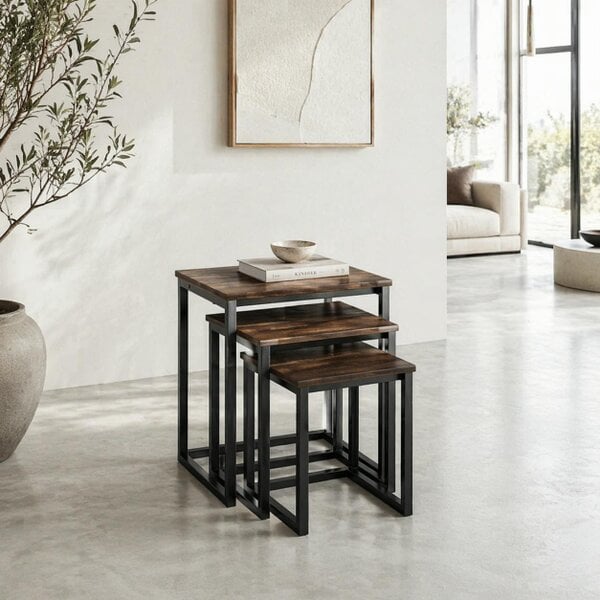 Wyld Haus Supa Metal Rustic Brown Set Of 3 Nesting C ShaFauxd Side Tables With Steel Frame