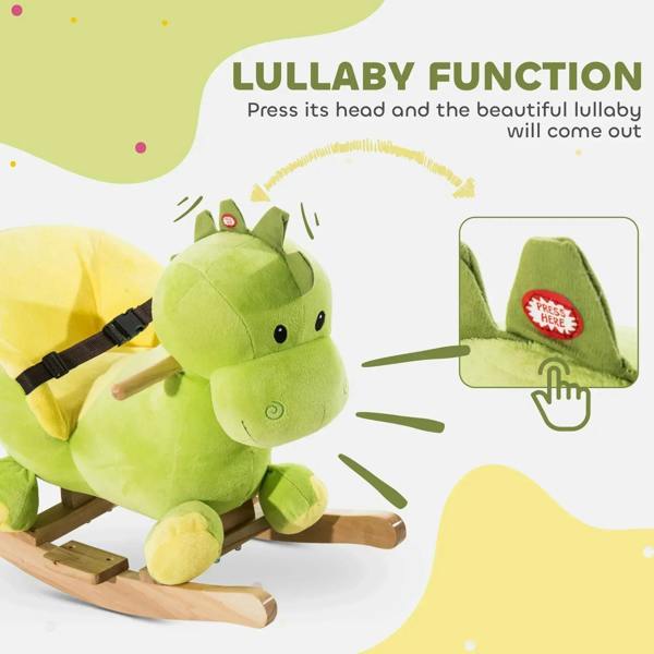 Green plush dinosaur rocking horse with padded seat and black safety belt strap