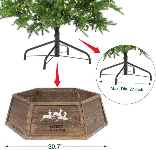 31.5 Inch Wooden Hexagon Christmas Tree Collar with Rustic Brown Finish image 10