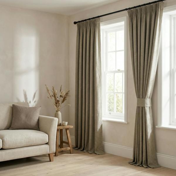 Kent made-to-measure curtains in Earth, styled in a living room