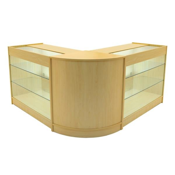 Helios LED Shop Counter Set in maple finish, featuring curved design, glass shelves, and integrated LED lighting for display