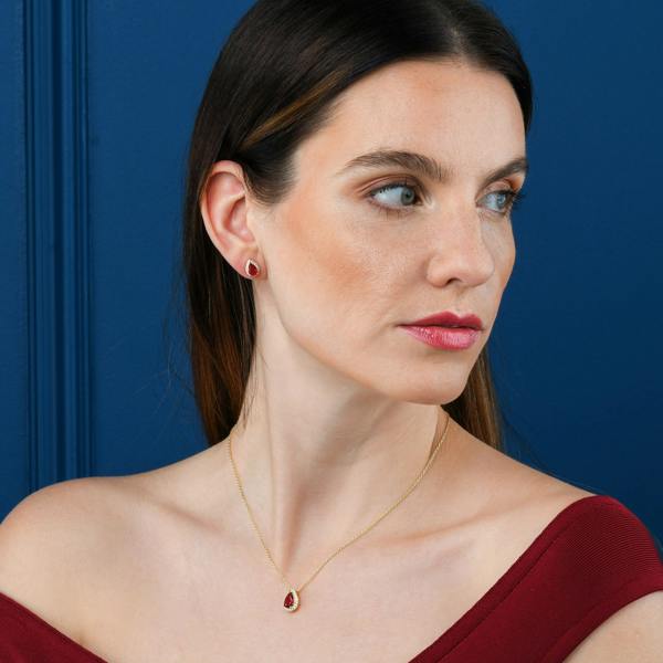 namana Gold Plated 925 Sterling Silver Red Pear Drop Halo Pendant Necklace for Women