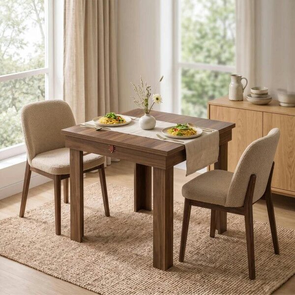 Folding Dining Table Under-Table Storage Extendable Kitchen Table Steel Rail Grey Wood Effect