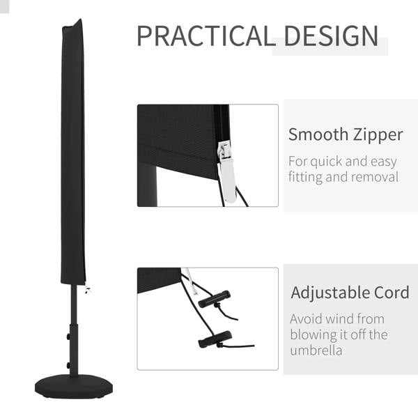 Black parasol cover with smooth zipper and adjustable cord ties near base