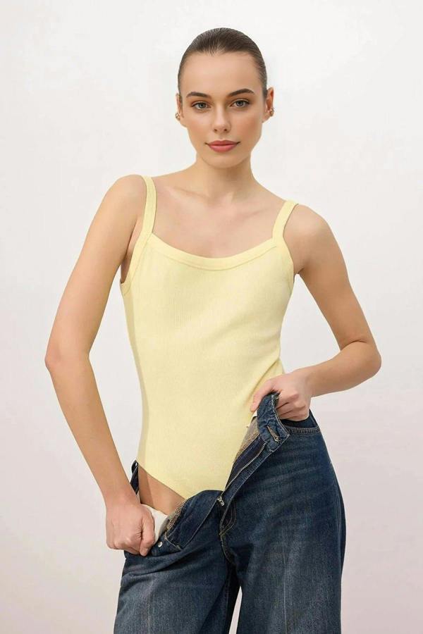 WOVCOR Fitted Pool Neck Thin Strap Long Ribbed Stretch Knit Bodysuit