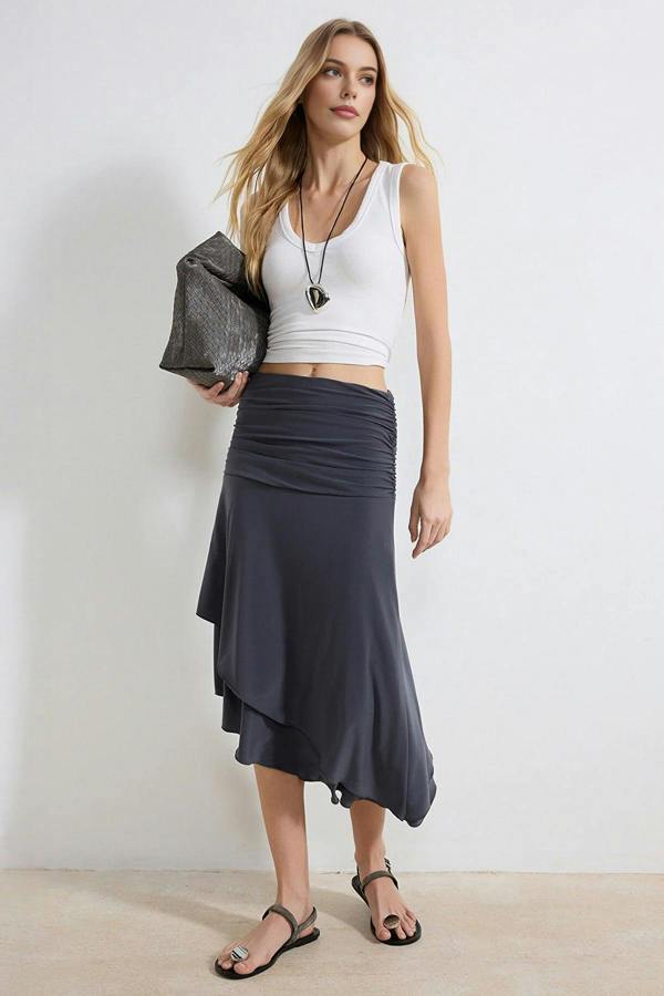 WOVCOR Skater Asymmetrical High-Waisted Midi Stretch Knit Skirt with Ruffles