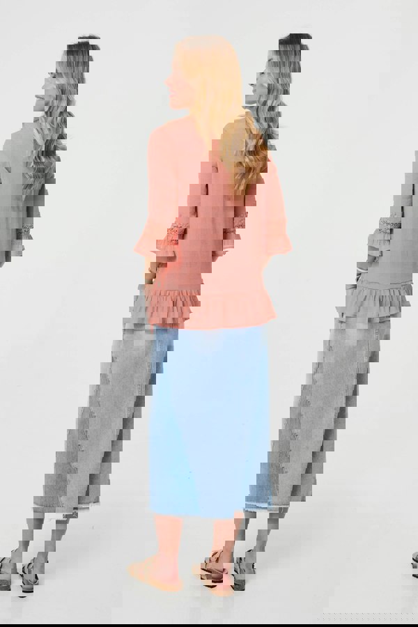 Pink | Lace Trim 3/4 Flared Sleeve Blouse
