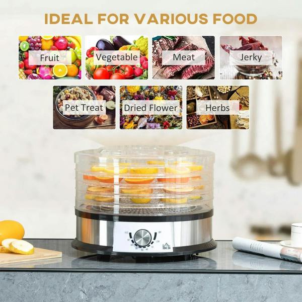 5-tray food dehydrator with clear lid and front control panel, drying fruit slices