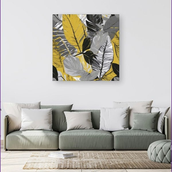 Warren Reed Grey Yellow Floral Leaves Canvas