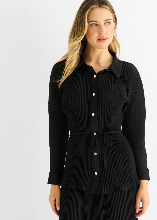 Gini London Black Plisse Button Through Shirt