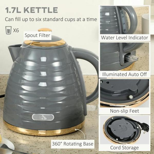 Grey 1.7L kettle with water level indicator, non-slip feet and 360° rotating base