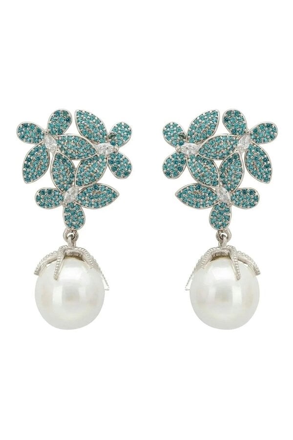 Latelita Flowers Pearl Earrings Aqua Blue Silver