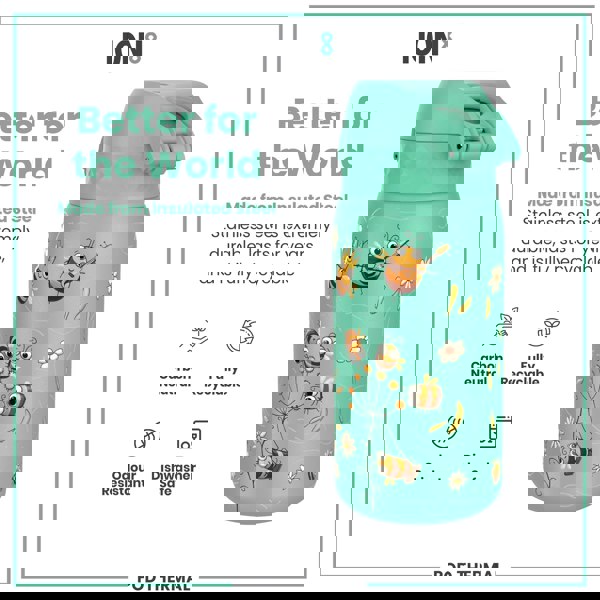 A teal insulated stainless steel water bottle, featuring playful bee illustrations, sits against a white background. The bottle is advertised as durable, recyclable, odor-resistant, and dishwasher-safe. The text also mentions that the product is carbon neutral.