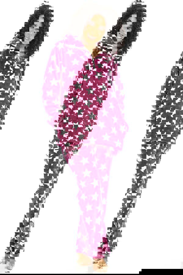 Camille Womens Supersoft Fleece Burgundy Star Print Pyjama Set