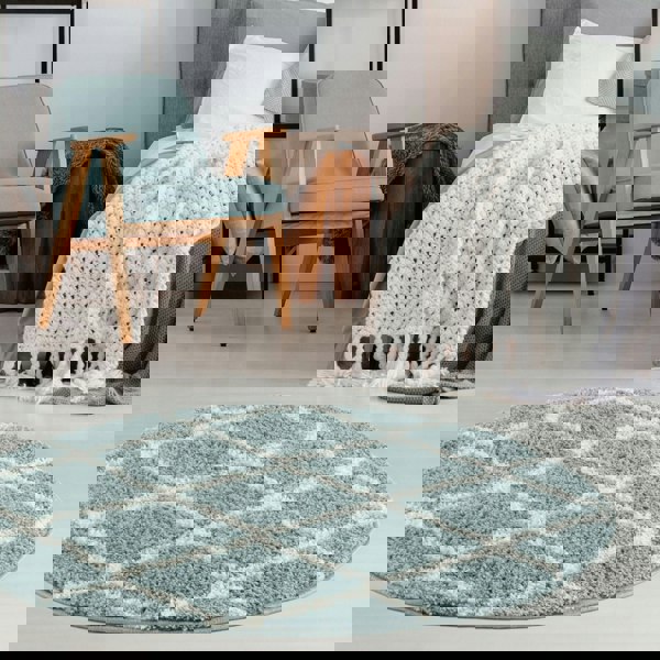 Moroccan Design Thick Shaggy Area Rugs Duck Egg Blue