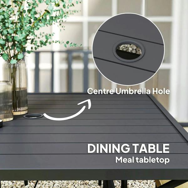 Black outdoor dining table top with center umbrella hole