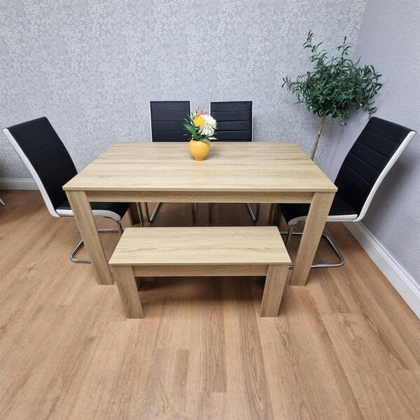 Kosy Koala Oak Effect table and Bench with 4 Black White Stripped Faux Leather Chairs