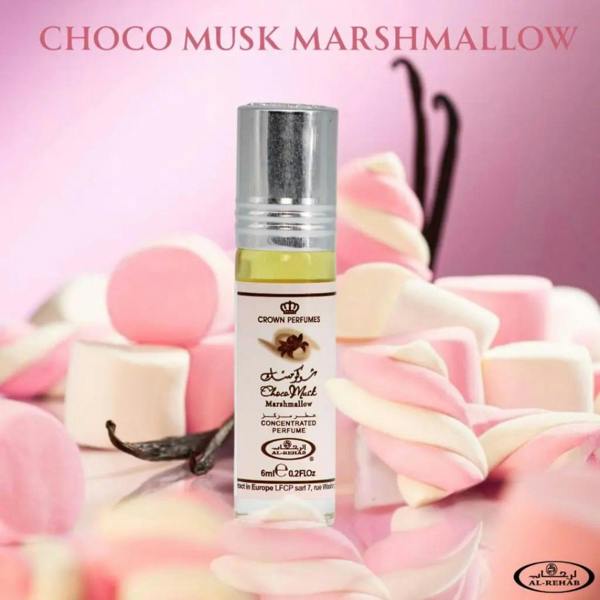 Al Rehab Choco Musk Marshmallow 6ml Roll-On Oil with marshmallow background