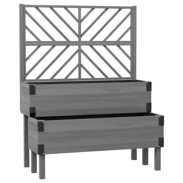 Grey 2-tier raised garden bed with trellis, double planter boxes on sturdy legs