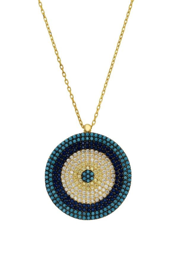 Close-up of the gemstone evil eye pendant.
