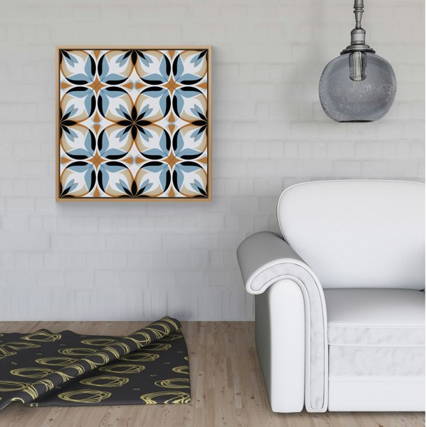 Warren Reed White Brown and Blue Geometric Pattern Framed Canvas