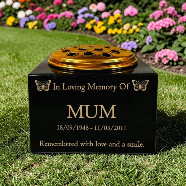 Memorials Direct Granite Memorial Vase with Butterfly Design, Free Personalised Gold Engraving, Solid Granite 6 x 6 x 4 Inches
