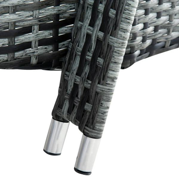 Grey rattan sun lounger with light-blue seat and silver metal support legs
