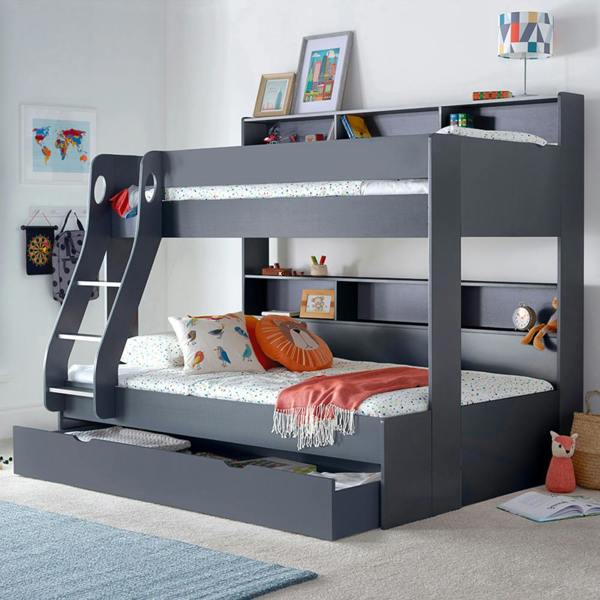 Bedmaster Oliver Onyx Grey Triple Sleeper Storage Bunk Bed With Drawer And Mattresses