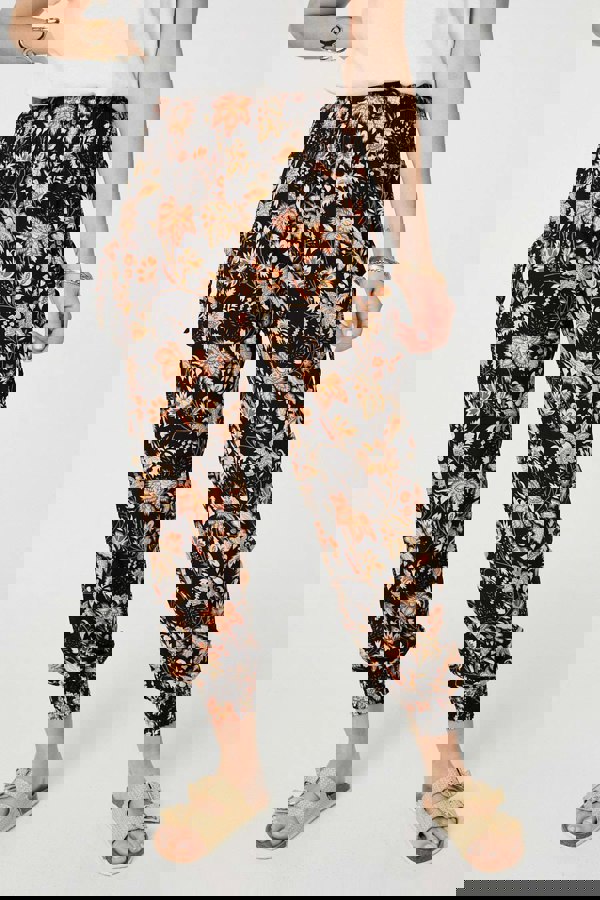 Black | Vintage Floral Shirred Waist Harem Pants