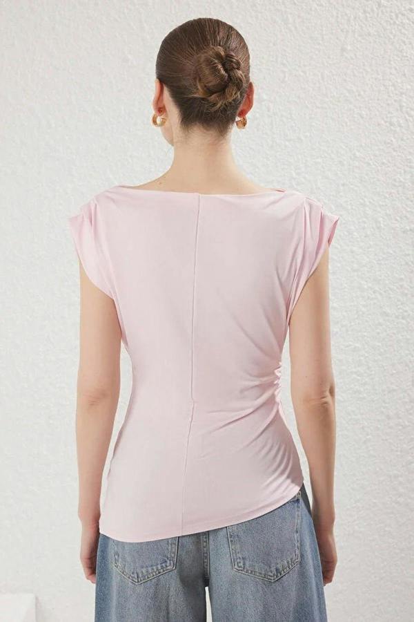 WOVCOR Flexible Knit Blouse with Drape & Pad Detail