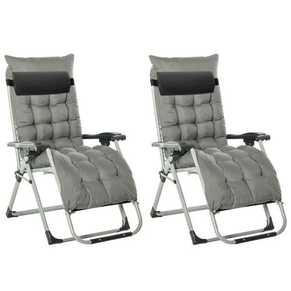 Reclining zero gravity lounge chair with dark grey frame and grey cushioned backrest