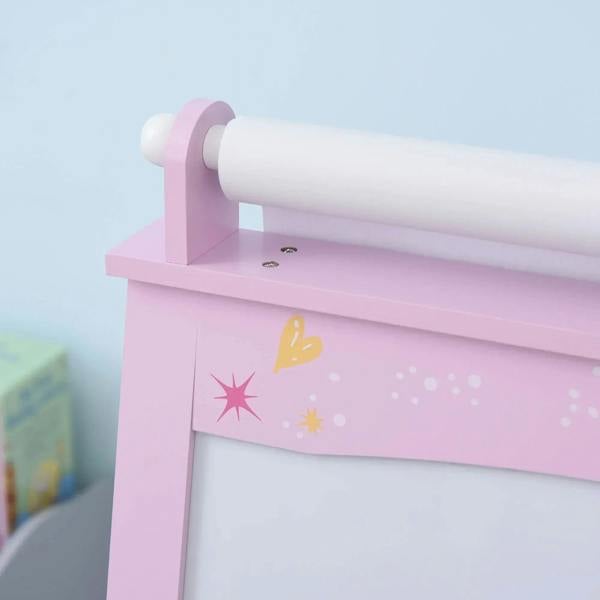 Pink paper roll holder and frame detail on a kids art easel