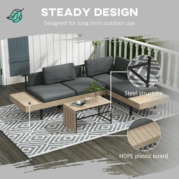 Grey outdoor L-sofa set with padded cushions, steel frame, and coffee table