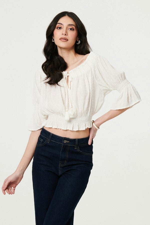 White | Textured Bardot Ruched Crop Top
