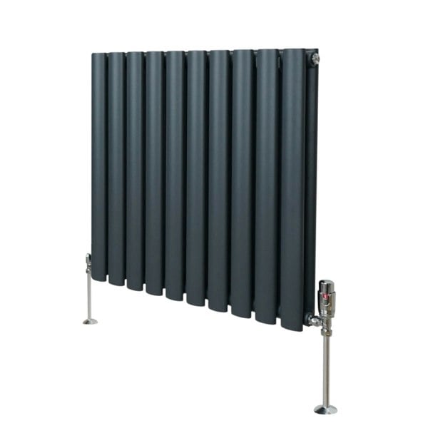 Oval column radiator in anthracite grey, featuring vertical tubes and sleek design, paired with stylish valves for modern interiors