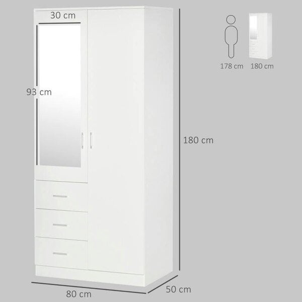 Bobobiy 2 Door 3 Drawer Mirrored Wardrobe with Hanging Rail, Modern Clothes Storage Cupboard with Mirror, 80 x 50 x 180 cm, White