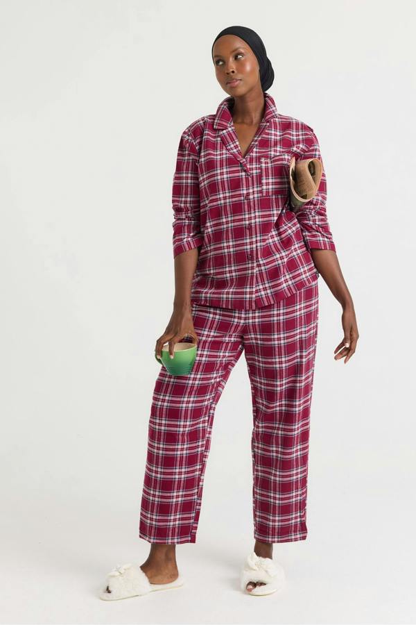 Plaid Long Pyjama Set in Bordeaux - Pajamas