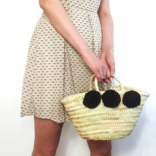 Small Fringe Market Beach Bag with Black Pom Poms | Stylish Summer Tote