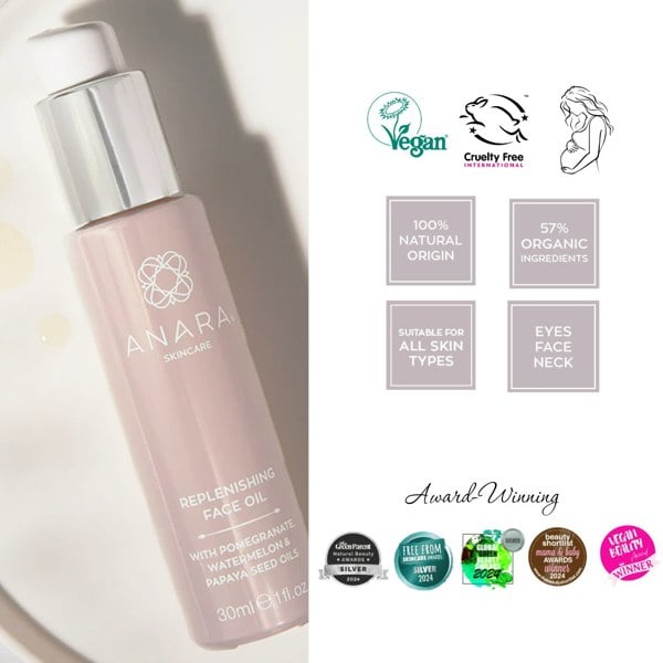 Anara Replenishing Face Oil with credentials and awards