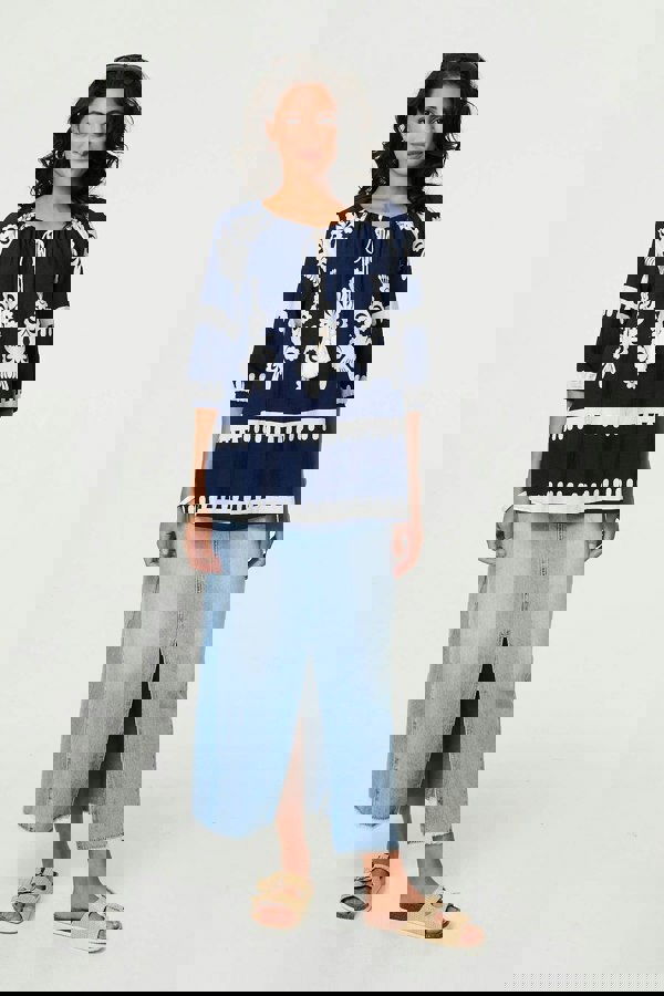 Navy | Ikat Print Tassel Tie Neck Blouse
