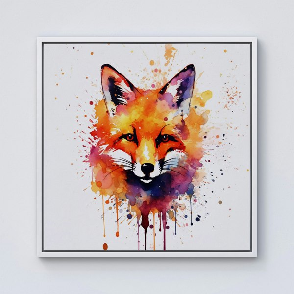 Warren Reed Watercolour Splash Art Fox Face Framed Canvas