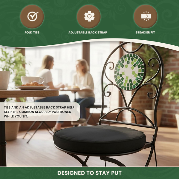 Round Pad for Bistro Chair, 40cm Diameter Seat Cushion with Ties and Adjustable Back Strap, Zipped Removable Cover